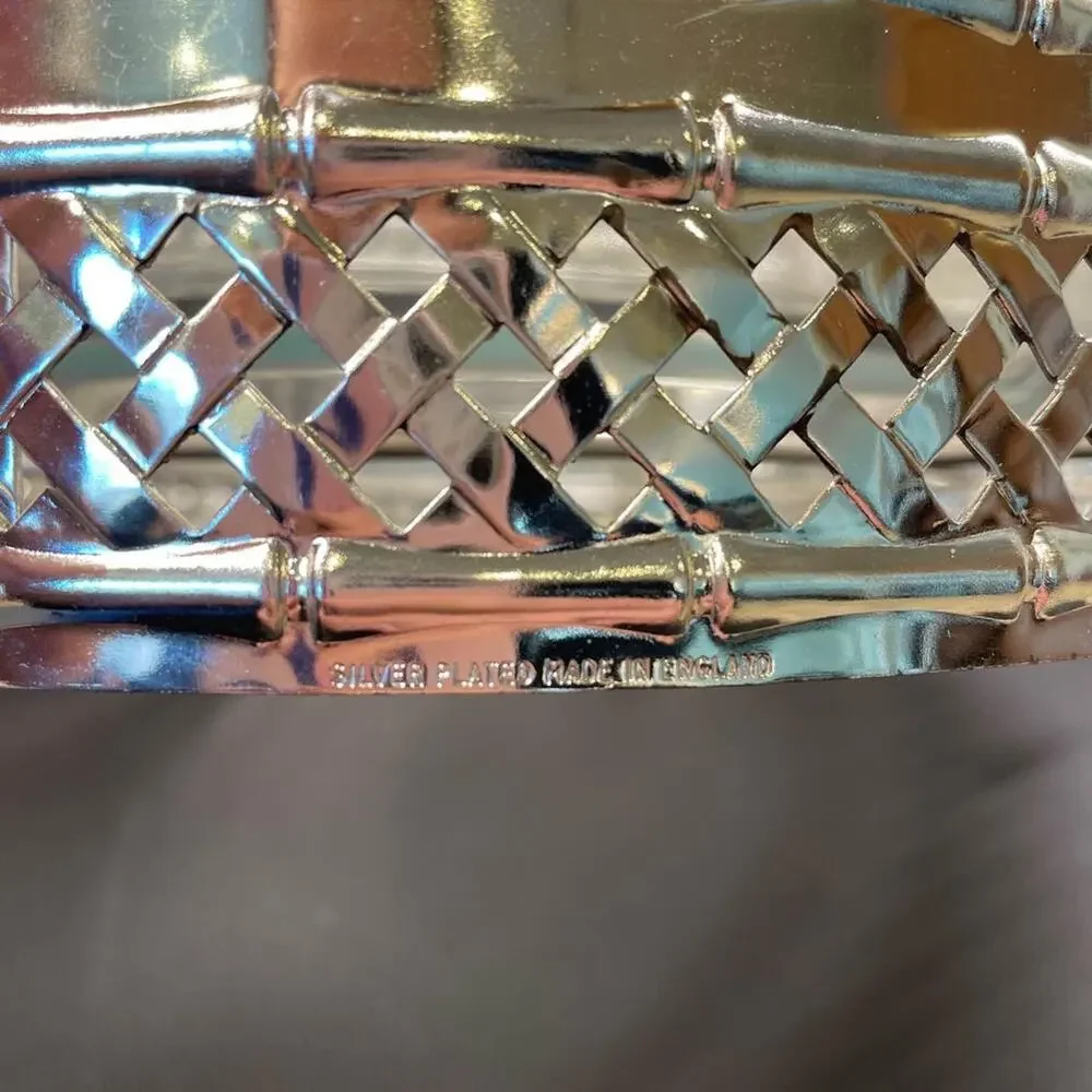 England Silverplated Bamboo Basketweave Vintage Pyrex Dish Holder